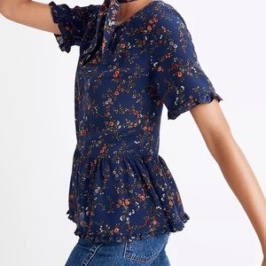 Madewell silk stanza ruffle hem floral top shirt L
